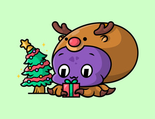Fototapeta premium A CUTE PURPLE OCTOPUS IS WEARING REINDEER COSTUME AND HOLDING A PRESENT BOX.