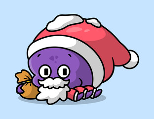 A CUTE PURPLE OCTOPUS IS WEARING SANTA COSTUME.
