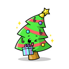 A CUTE CHRISTMAS TREE CHARACTER IS HOLDING A PRESENT BOX.