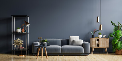 Mockup living room interior with sofa on empty dark blue wall background.
