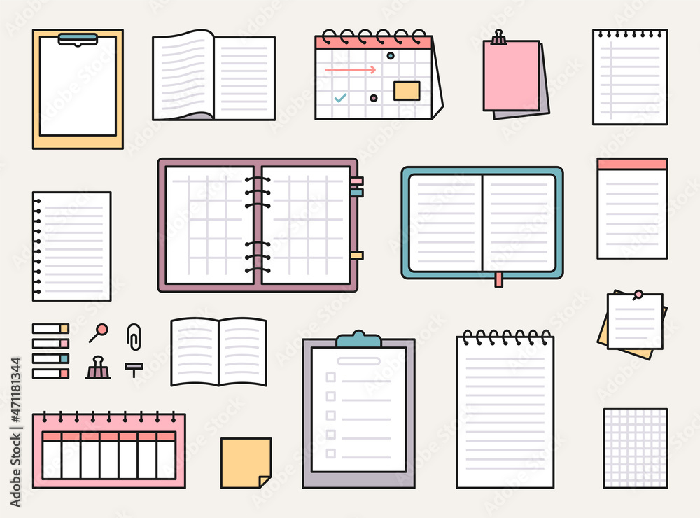 Wall mural various stationery for taking notes. types of notes and pages. flat design style vector illustration
