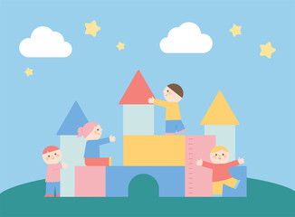 Cute children are playing with building a castle with huge blocks. flat design style vector illustration.
