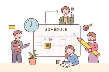 Office team members making plans around a large schedule board. flat design style vector illustration.