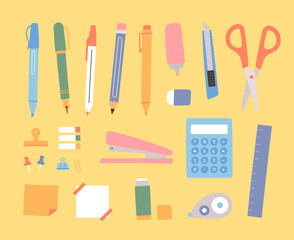 Fototapeta na wymiar Collection of pens and other office supplies. Cute design in pastel colors. flat design style vector illustration.