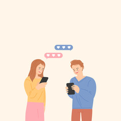 A man and a woman are holding mobile phones and sending mobile messages. flat design style vector illustration.