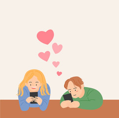A man and a woman are texting at the table. flat design style vector illustration.