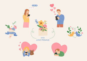 Couple sending each other mobile text messages. There is a flower logo around it. flat design style vector illustration.