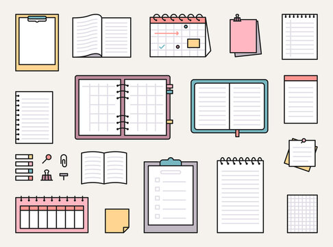 Various Stationery For Taking Notes. Types Of Notes And Pages. Flat Design Style Vector Illustration.