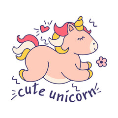 Doodle cute unicorn, fun vector character with quote. Scratch drawn cartoon style. Isolated outline sticker on white background.
