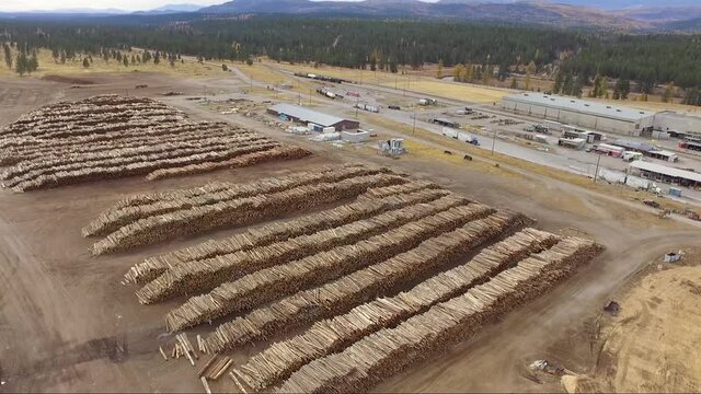 Overhead drone view of machines operating at a large industrial pulp mill in BC, Canada.