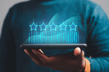 Satisfaction Survey Concept hands of business people, customer service The best 5-star business rating experience on your smartphone.	