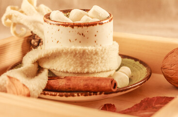 Hot cocoa, coffee with marshmallows in a ceramic mug with knitted scarf, cinnamon sticks and  autumn leaves on a wooden tray. The concept of cozy autumn, Thanksgiving, fall.