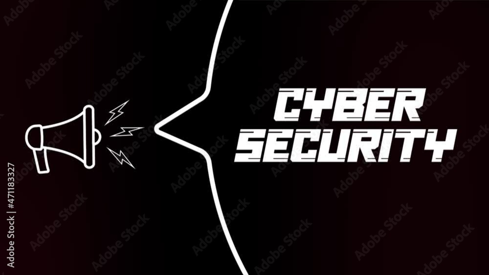 Poster Megaphone with speech bubble and the Cyber security text on old tv glitch interference screen. Animation of retro cyber security text. 4K video motion graphic