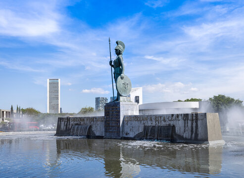 Gudalajara, Jalisco, Mexico, 10 October, 2021: Landmark Minerva monument in Guadalajara historic center near Loas Arcos de Guadalajara and historic city center