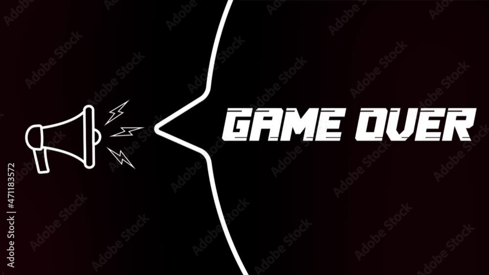 Poster Megaphone with speech bubble and the Game over text on old tv glitch interference screen. Animation of retro game over text. 4K video motion graphic