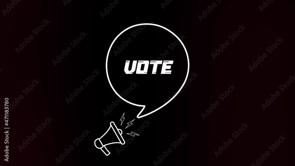 Poster Megaphone with speech bubble and vote text on old tv glitch interference screen. Animation of retro Vote text. 4K video motion graphic