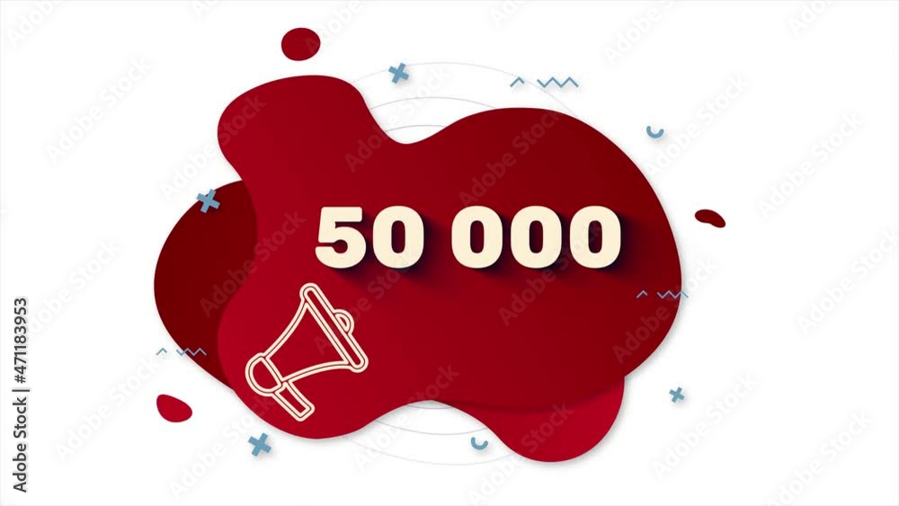Fototapete Megaphone with number 50K. 50000 subscribers text. Memphis style banner with abstract geometric shapes on red background. 4K video motion graphic