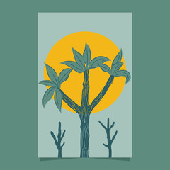 Poster illustration with big tree and sun, for decoration and print