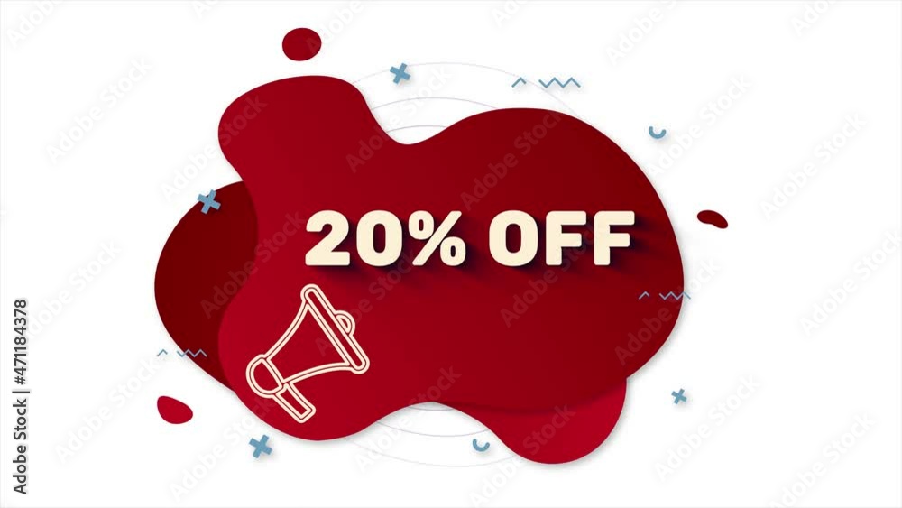 Leinwandbilder Megaphone with text 20 percent off. Memphis style banner with abstract geometric shapes on red background. Banner and outline round elements with megaphone. 4K video motion graphic
