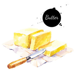 Watercolor stick of butter and knife. Isolated eco natural food illustration on white background - obrazy, fototapety, plakaty