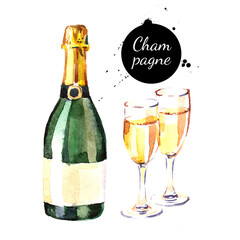 Watercolor champagne bottle and glasses icon. Isolated .alcoholic cocktail beverage drink illustration on white background