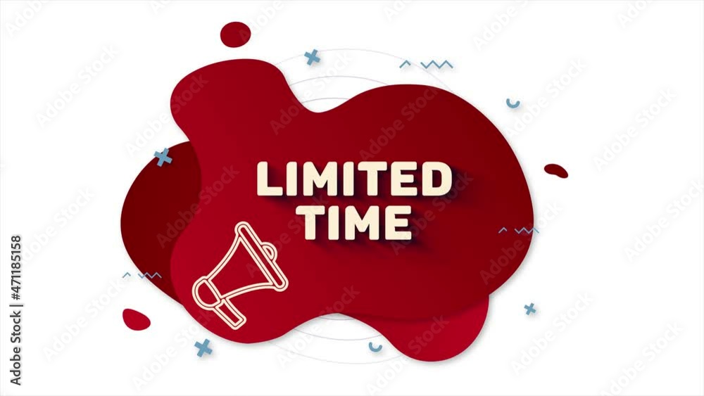 Poster Megaphone with text Limited time. Memphis style banner with abstract geometric shapes on red background. Banner and outline round elements with megaphone. 4K video motion graphic