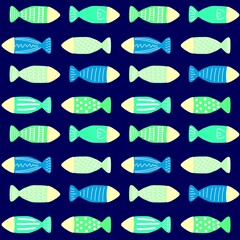 魚模様　ブルー　横　カラー背景
