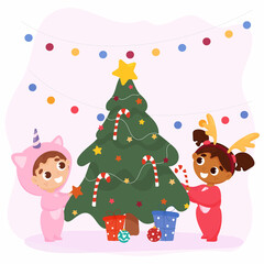 Multicultural sisters decorate the Christmas tree. Vector illustration