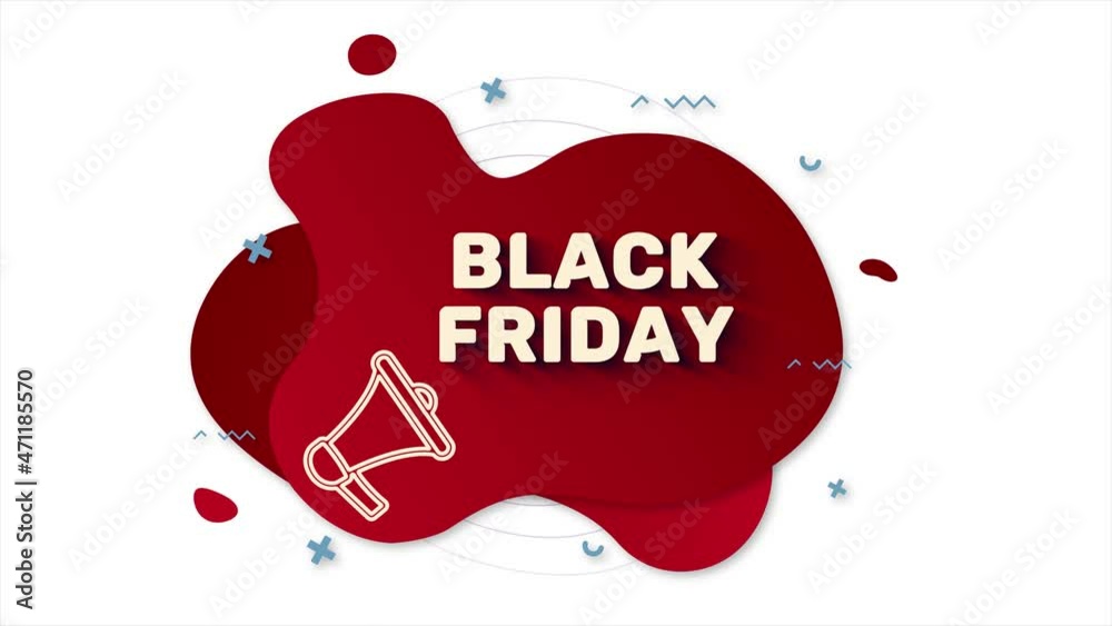 Leinwandbilder Megaphone with text Black Friday. Memphis style banner with abstract geometric shapes on red background. Banner and outline round elements with megaphone. 4K video motion graphic