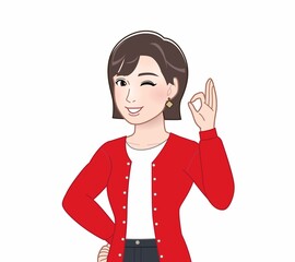 赤いカーディガンを着た女性