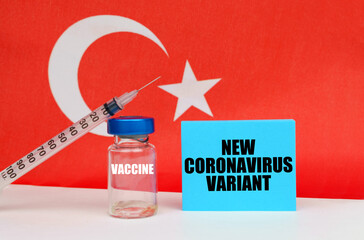 Vaccine, syringe and blue plate with the inscription - NEW CORONAVIRUS VARIANT. In the background...