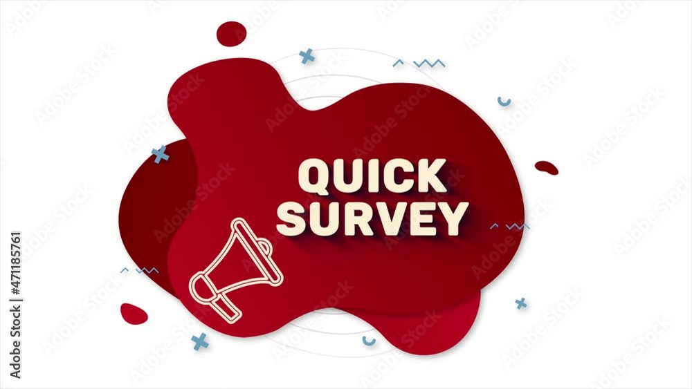 Poster Megaphone with text Quick Survey. Memphis style banner with abstract geometric shapes on red background. Banner and outline round elements with megaphone. 4K video motion graphic