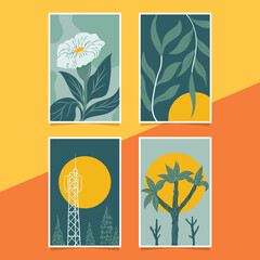 Combination of 4 Poster templates with plant concept for decoration and print