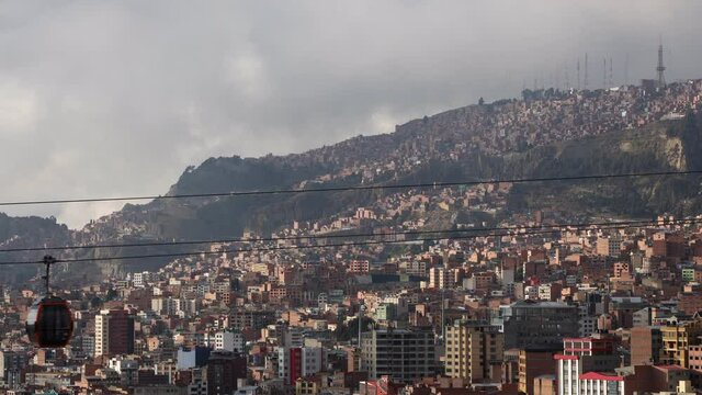 Cinematic timelapse of La Paz Bolivia South America showing the movement of the Teleferico cable car system during a cloudy morning