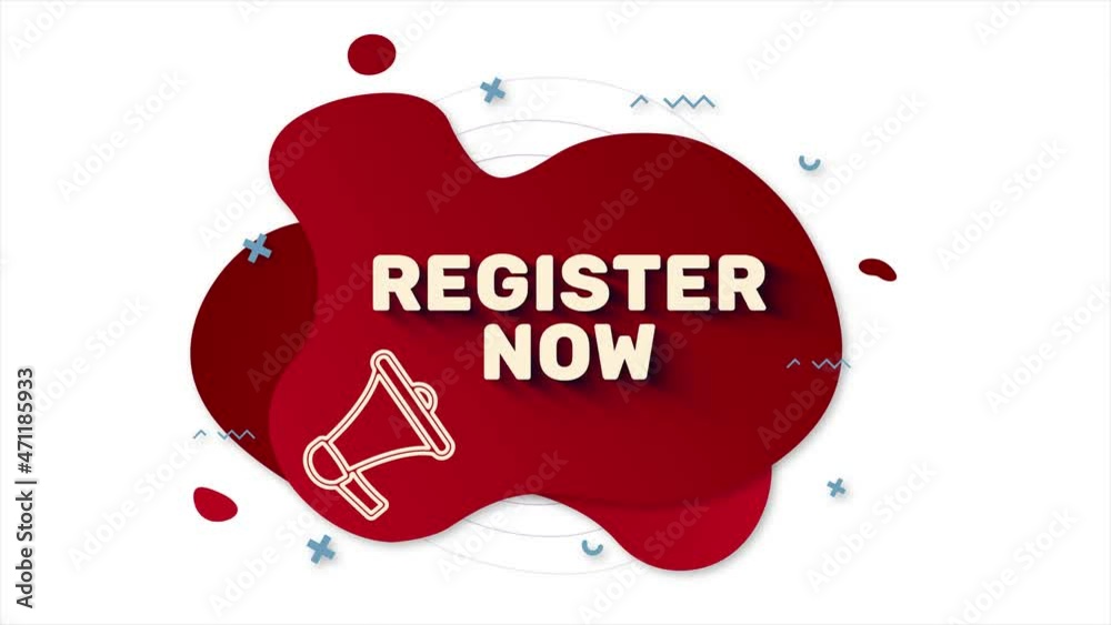Leinwandbilder Megaphone with text Register now. Memphis style banner with abstract geometric shapes on red background. Banner and outline round elements with megaphone. 4K video motion graphic