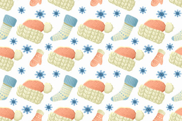 Winter horizontal background. Warm accessories. Hand-drawn illustration