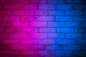 Fototapeta na wymiar Lighting effect red and blue on empty brick wall background. Lighting effect pink and cyan wall background.