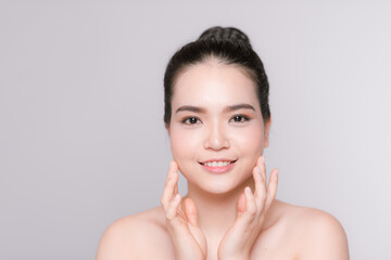 Naklejka premium Beautiful woman face studio on white with sexy lips