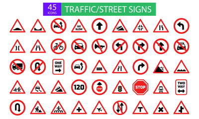 Big collection of traffic or street sign with red triangle and circle isolated on white background