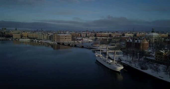 af Chapman Full-rigged Steel Ship Moored On The Western Shore Of Skeppsholmen In Central Stockholm, Sweden In Winter. aerial