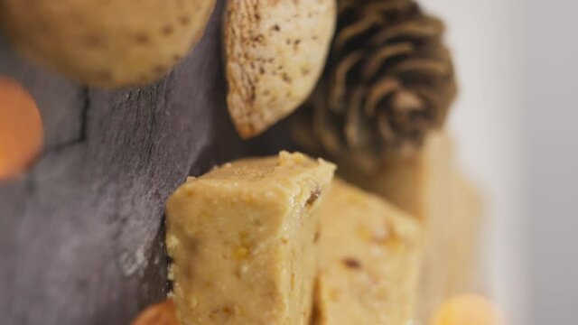 Delicious Turrones de Jijona Served During Christmas Season In Spain. close up, vertical shot