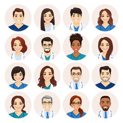 Multiethnic doctor and nurses group avatar set isolated vector illustration - obrazy, fototapety, plakaty
