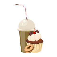 Illustration cupcake and drink chocolate milk shake cup concept vector