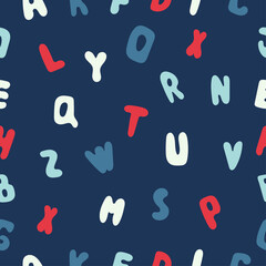 School red and blue letters seamless pattern on dark blue background. Typography alphabet. Vector illustration