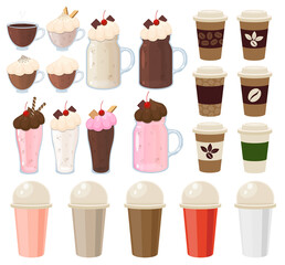 Set of drinks milk shakes and coffee vector food concept dessert