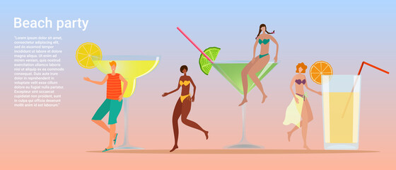 Beach party.People are relaxing and enjoying themselves on a summer beach.The concept of rest, travel and vacation.Poster in business style.Flat vector illustration.