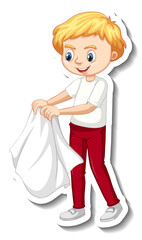 Sticker design with a boy take off his coat isolated
