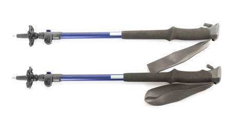 Pair of trekking poles on white background, top view. Camping tourism