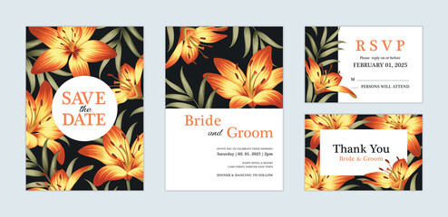 Beautiful Lily flower background template. Vector set of floral element for wedding invitations, greeting card, envelope, voucher, brochures and banners design.