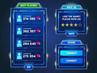 Game frames in sci fi style with best players list, rate and share banners. Vector cartoon set of blue futuristic gui elements, board with winners usernames, feedback with stars and connect buttons - obrazy, fototapety, plakaty